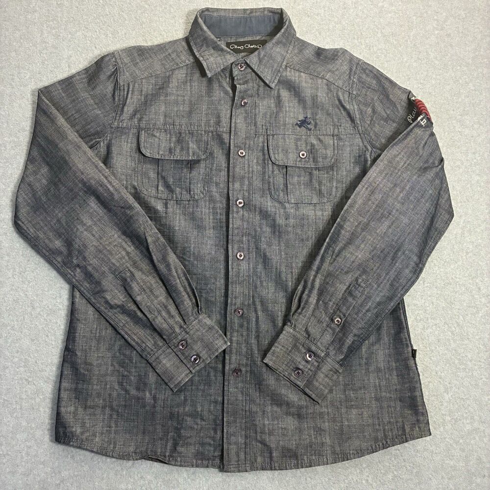 Men’s Play Cloths Button Up Shirt Gray Long Sleeve Military Patch Size M